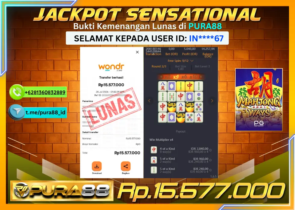 PURA88 JACKPOT MAHJONG WAYS Rp 15.577.000,- LUNAS